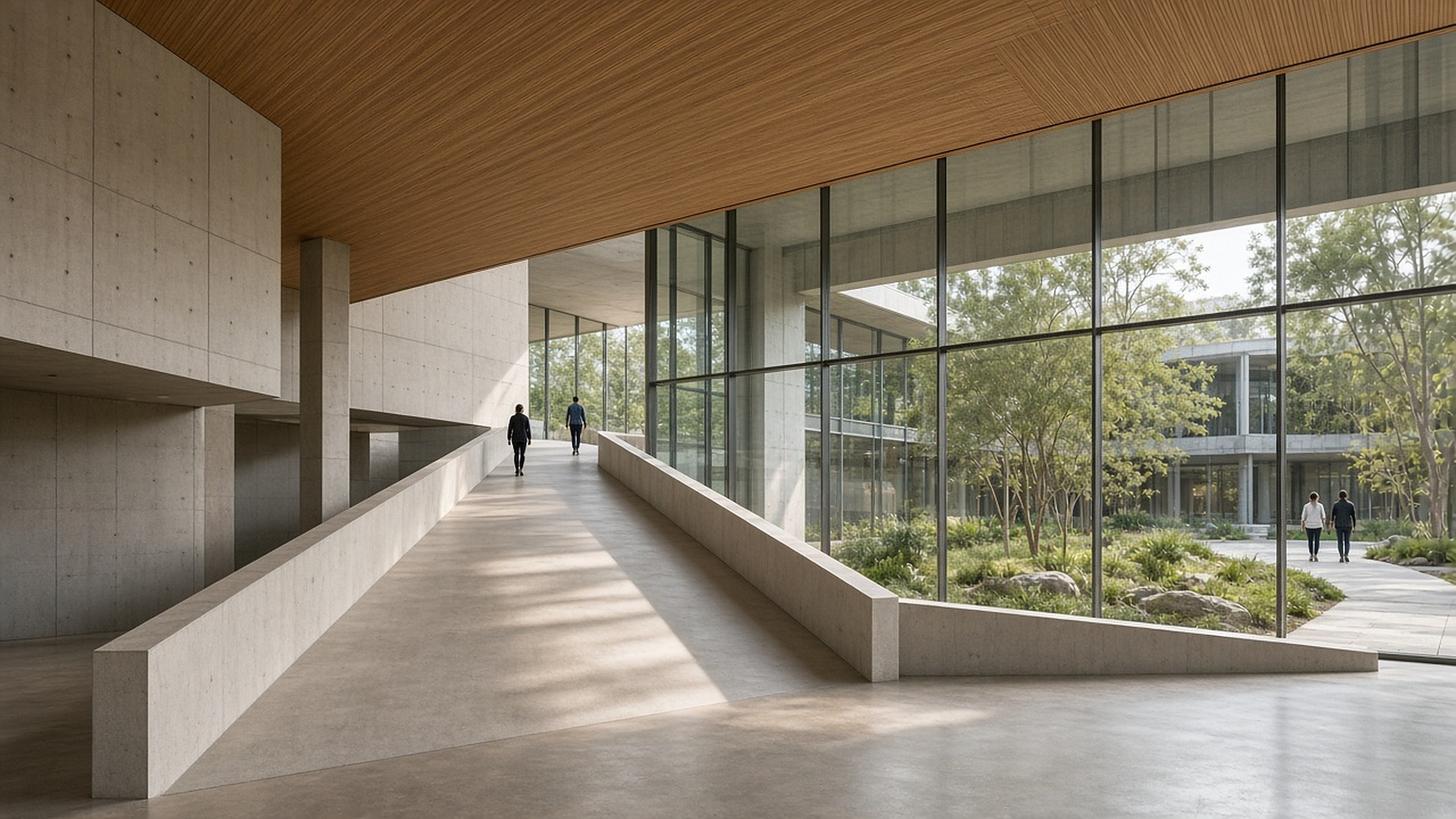 Foyer of a contemporary cultural building — architectural atmosphere, not cultural documentation