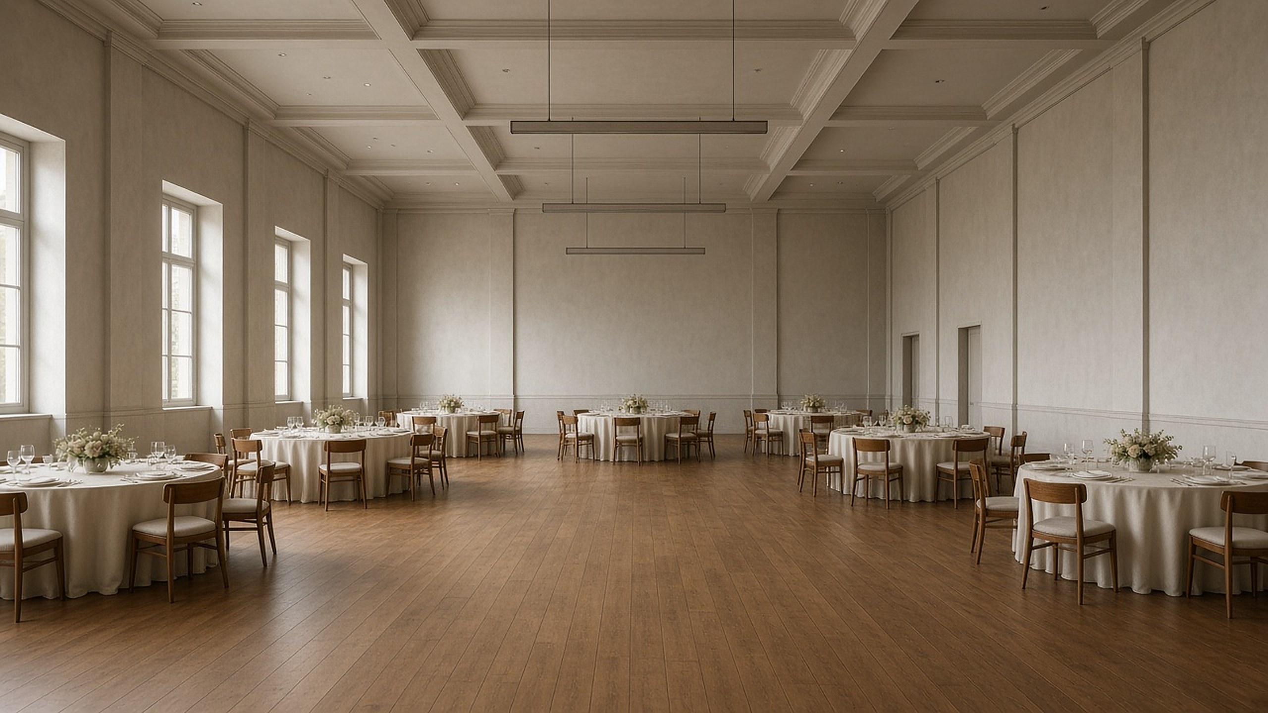 Empty civic ballroom with dressed tables seen at a distance